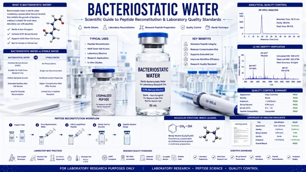 Scientific illustration showing bacteriostatic water used for peptide laboratory preparation, sterile laboratory equipment, peptide vials, analytical quality control, and biotechnology research environment.