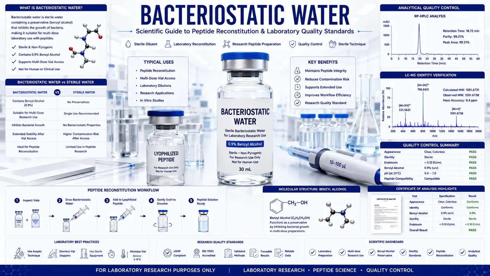 Scientific illustration showing bacteriostatic water used for peptide laboratory preparation, sterile laboratory equipment, peptide vials, analytical quality control, and biotechnology research environment.