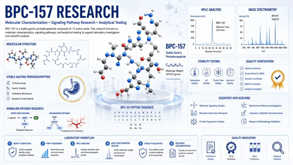 Scientific infographic showing BPC-157 Research Peptide molecular structure, signaling pathway research, analytical testing workflows, and laboratory characterization methods.