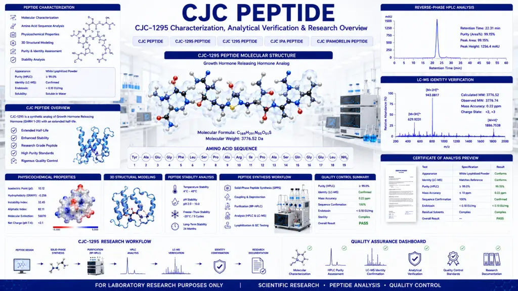 Scientific visualization of CJC Peptide research showing CJC-1295 molecular characterization, peptide analysis, HPLC testing, and laboratory quality control.