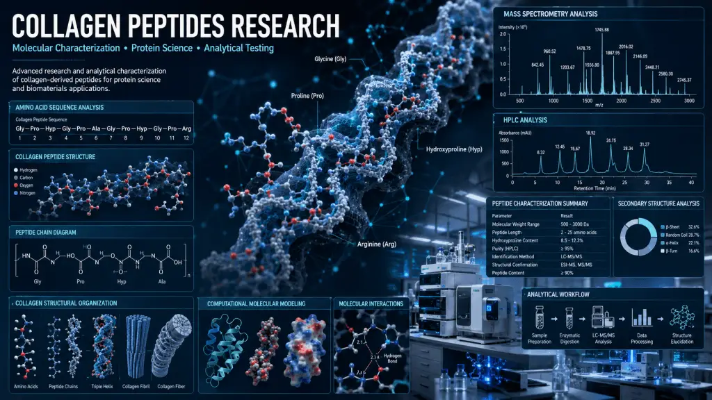 Scientific illustration of collagen peptides molecular structures, protein characterization workflows, analytical testing methods, and biomaterials research concepts.