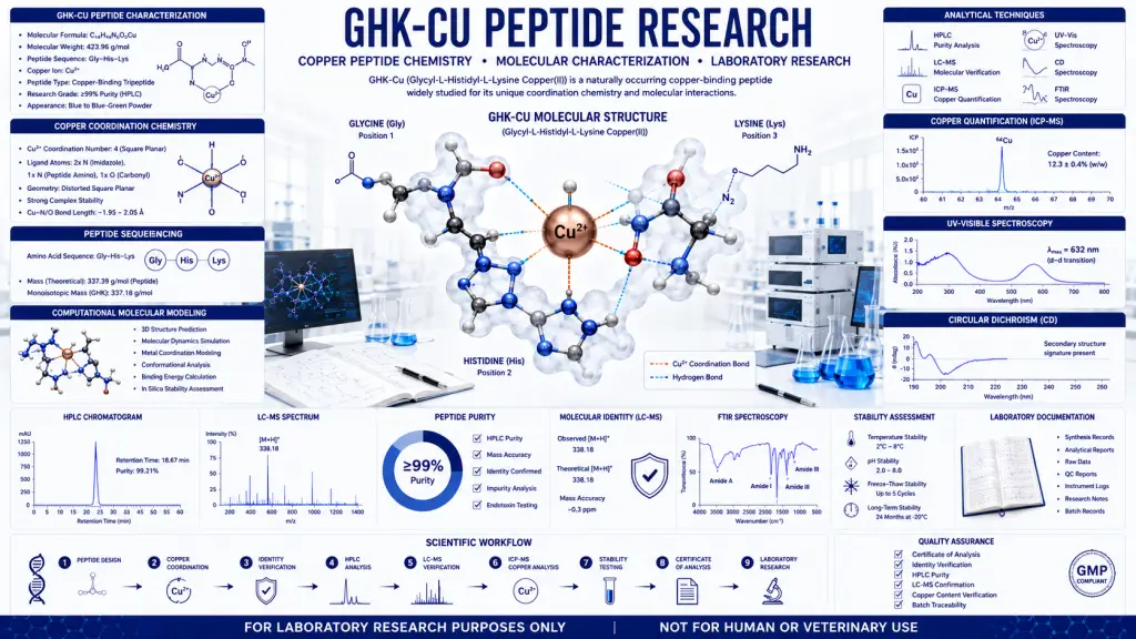 Scientific infographic illustrating ghkcu peptide molecular structure, copper ion coordination, analytical chemistry workflow, HPLC analysis, LC-MS verification, peptide characterization, and laboratory research quality standards.