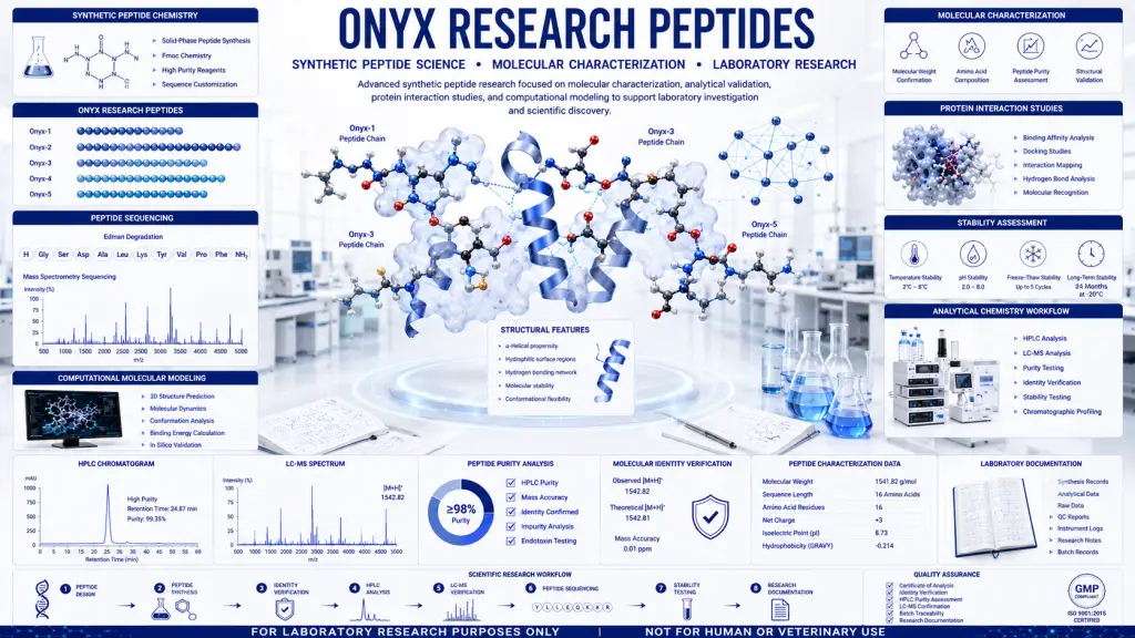 Scientific infographic illustrating onyx research peptides, peptide characterization, analytical chemistry, molecular modeling, HPLC analysis, LC-MS verification, and laboratory quality assessment.