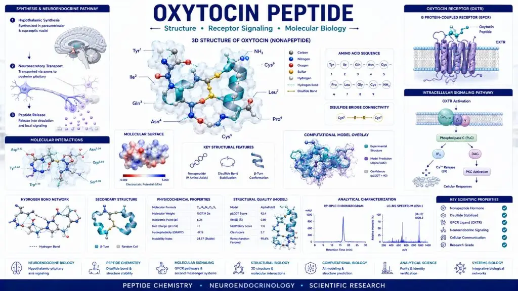 Scientific infographic illustrating the molecular ribbon structure of the oxytocin peptide, oxytocin receptor signaling pathways, neuroendocrine communication, hypothalamic synthesis, and molecular biology research.