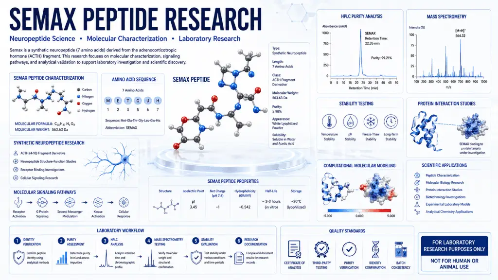 Scientific infographic showing Semax peptide molecular structure, neuropeptide characterization, molecular signaling research, and analytical testing workflows.