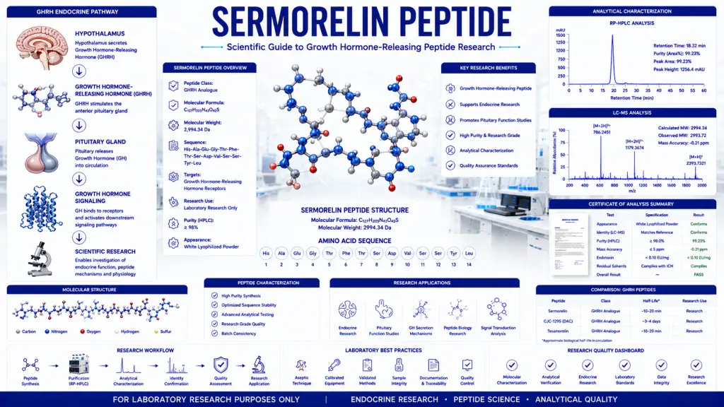 Scientific infographic illustrating Sermorelin peptide, hypothalamic growth hormone-releasing hormone signaling, pituitary gland interaction, peptide laboratory research, analytical quality control, and biotechnology research environment.