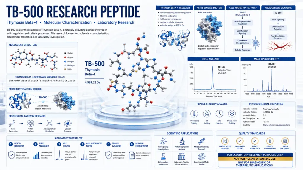 Scientific infographic showing TB-500 peptide molecular structure, Thymosin Beta-4 research, cell migration studies, and analytical testing workflows.