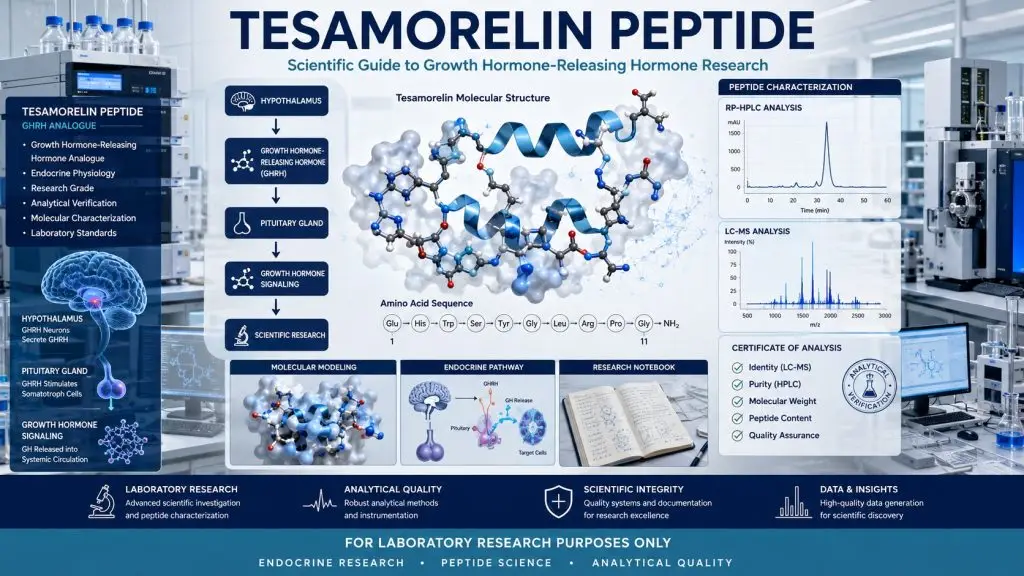 Scientific infographic illustrating tesamorelin peptide, hypothalamic-pituitary growth hormone signaling, peptide laboratory research, RP-HPLC, LC-MS analytical characterization, and biotechnology quality control.