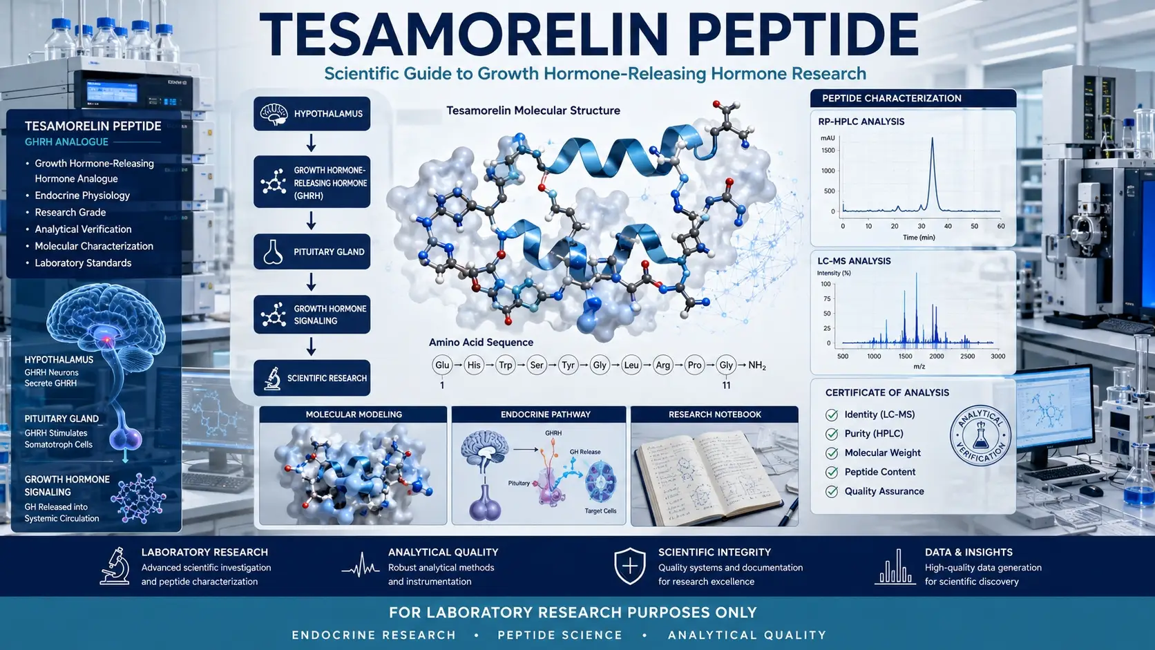Scientific infographic illustrating tesamorelin peptide, hypothalamic-pituitary growth hormone signaling, peptide laboratory research, RP-HPLC, LC-MS analytical characterization, and biotechnology quality control.
