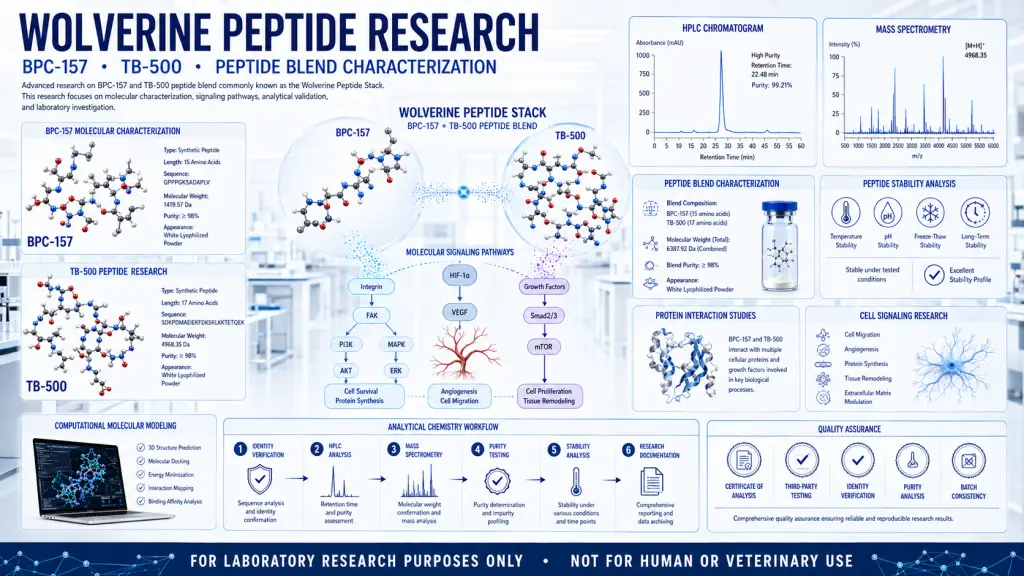 Scientific illustration showing wolverine peptide molecular structures, peptide blend characterization, laboratory analytical testing, and molecular signaling research.