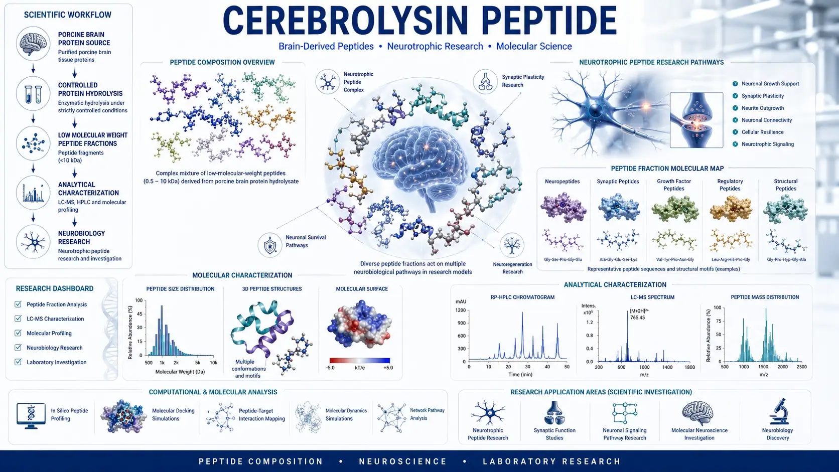 Scientific illustration showing Cerebrolysin peptide research, porcine brain-derived peptide fractions, neurotrophic peptide composition, molecular pathways, analytical characterization, and neuroscience laboratory environment.