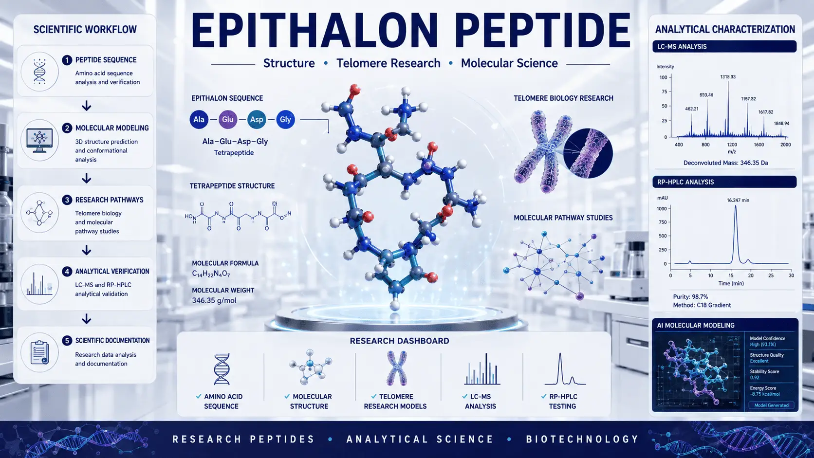 Scientific visualization of Epithalon peptide research showing peptide molecular structure, telomere biology studies, amino acid sequence analysis, LC-MS verification, and biotechnology research.