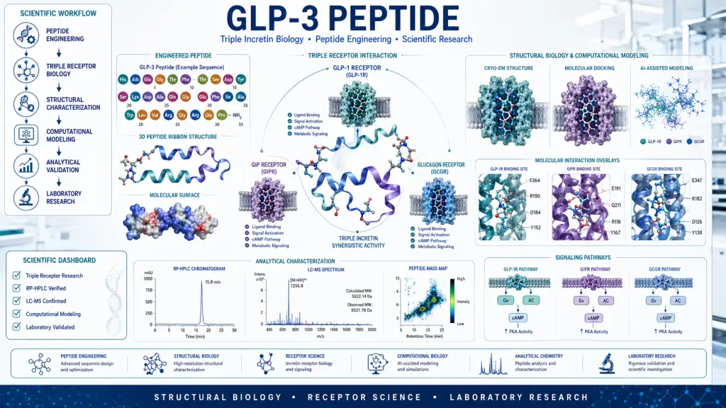 Publication-quality scientific illustration showing triple incretin receptor biology, engineered peptide structure, receptor interaction network, computational molecular modeling, analytical chemistry workflow, and laboratory research environment representing GLP-3 peptide research.