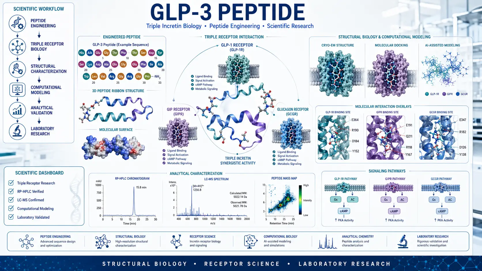 Publication-quality scientific illustration showing triple incretin receptor biology, engineered peptide structure, receptor interaction network, computational molecular modeling, analytical chemistry workflow, and laboratory research environment representing GLP-3 peptide research.