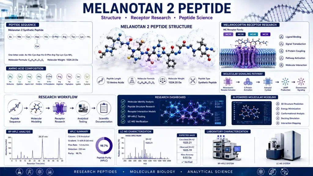 Scientific visualization of Melanotan 2 peptide research showing peptide molecular structure, melanocortin receptor modeling, amino acid sequence analysis, LC-MS verification, RP-HPLC testing, and biotechnology laboratory workflow.