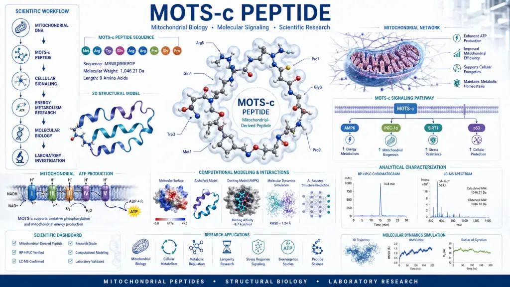 Publication-quality scientific illustration of the MOTS-c peptide highlighting mitochondrial signaling, peptide structure, cellular energy metabolism, molecular biology, computational modeling, and laboratory analytical workflows.