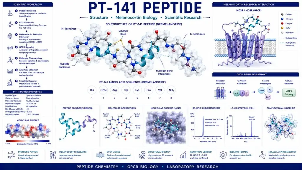 Scientific infographic illustrating the 3D molecular structure of PT-141 peptide, melanocortin receptor signaling, computational molecular modeling, peptide chemistry, and laboratory research workflow