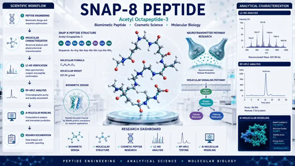 Scientific illustration of SNAP-8 peptide (Acetyl Octapeptide-3) showing biomimetic peptide structure, cosmetic peptide research, molecular biology, neurotransmitter pathway visualization, peptide engineering, LC-MS analysis, and biotechnology laboratory environment.