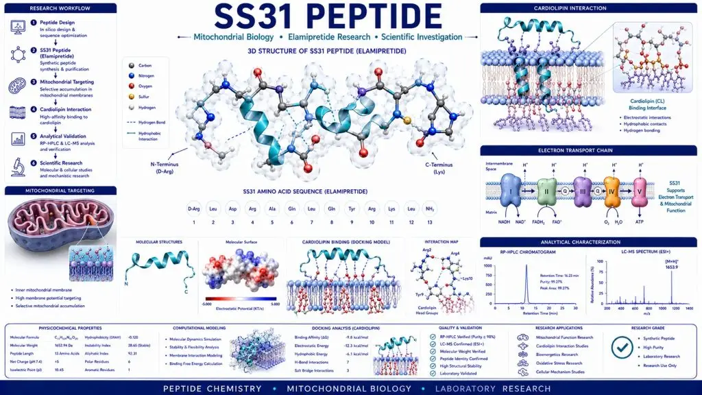 Scientific infographic illustrating the three-dimensional molecular structure of SS31 peptide (Elamipretide), mitochondrial membrane interaction, cardiolipin targeting, computational molecular modeling, and laboratory peptide research